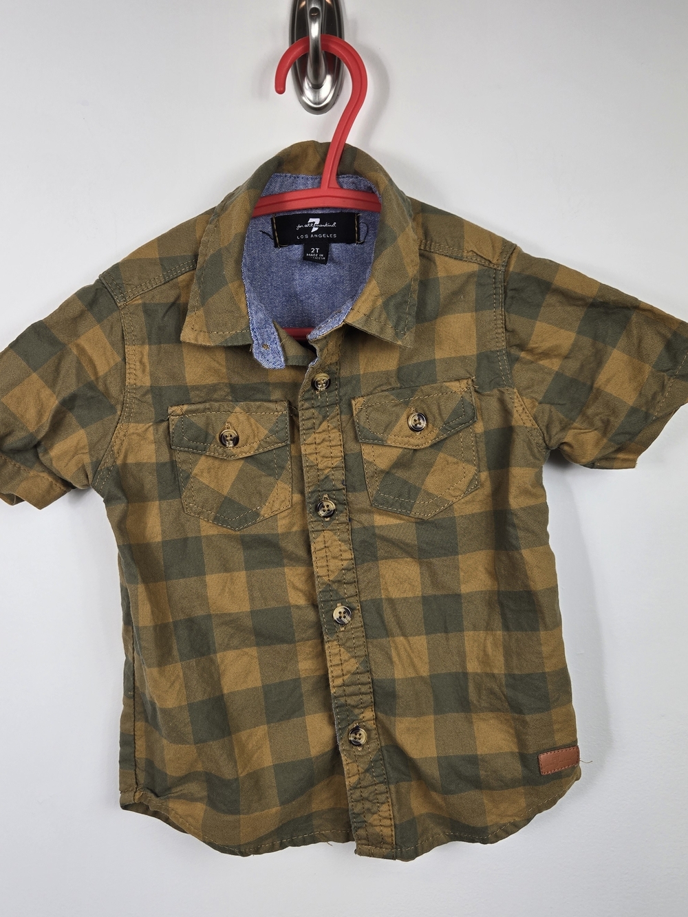 7 For All Mankind Toddler Plaid Button Front Shirt 2T Brown Green Buffalo Check